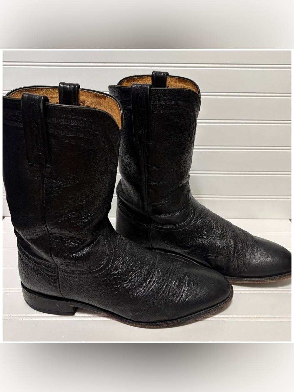 LUCCHESE 2000 Black Smooth Ostrich Leather Roper Cowboy Boots Mens Size 11 D